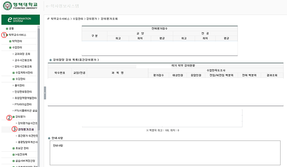 강의평가조회(중간강의평가, 최종강의평가)