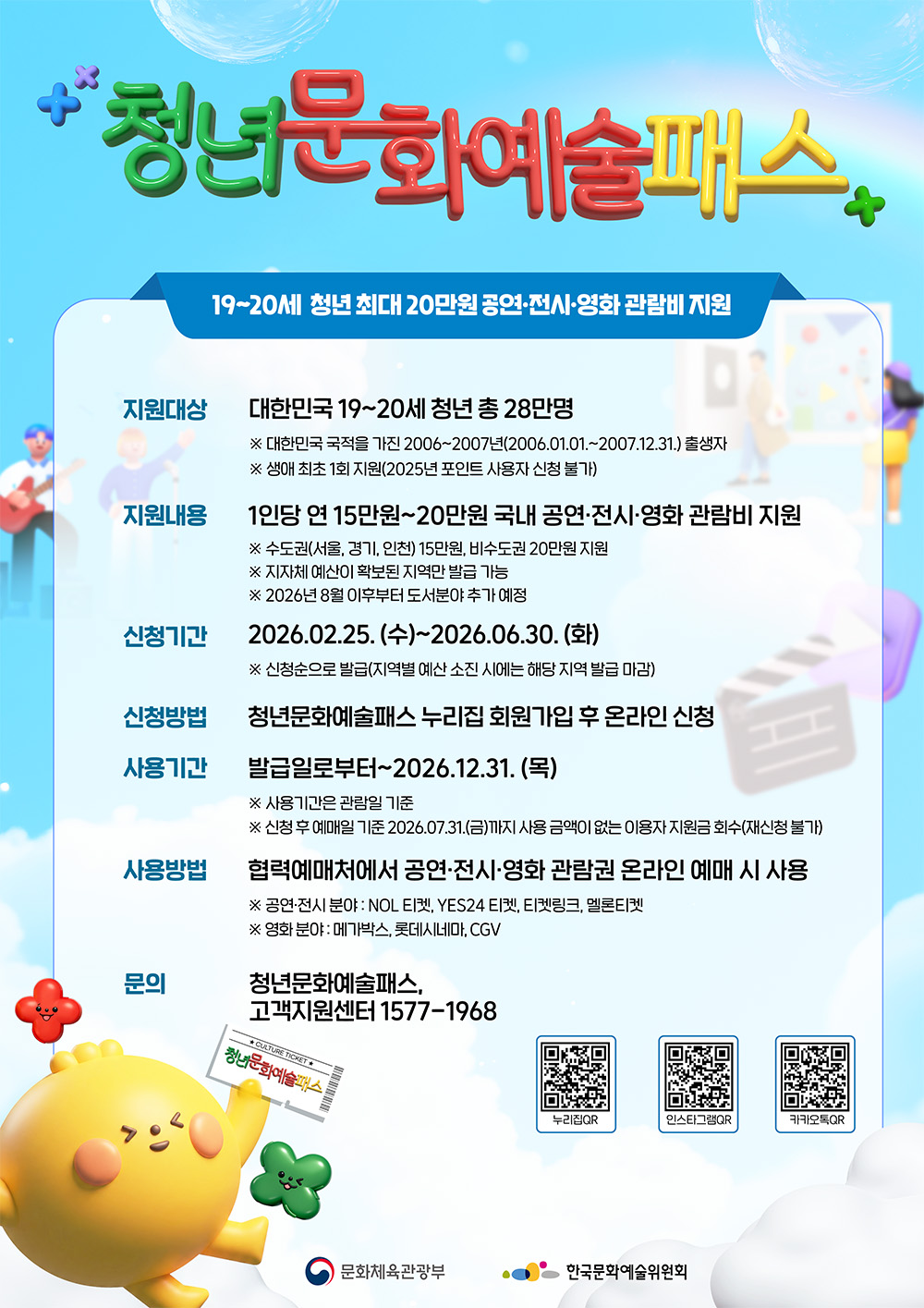 청년문화예술패스신청 안내(19~20세 청년 최대 20만원 공연&middot;전시&middot;영화 관람비 지원)